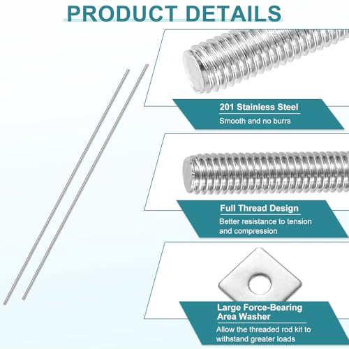 uxcell 2Pcs Fully Threaded Rod, M8-1.25 Thread Pitch 450mm Length Stainless Steel Right Hand Fully Threaded Studs with Nuts and Washers for Clamps, Hangers and U-Bolts M8 x 450mm 2