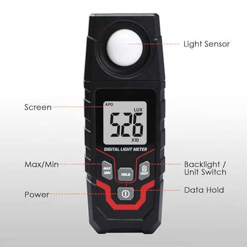 Light Meter Digital Illuminance Meter, Lux/Foot Candles Meter, Range up to 200,000 Lux Handheld Photometer with 4 Digit LCD Display Backlit Light Meter Photography Luxmeter for LED Plants