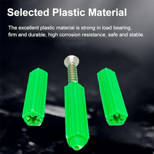 TopHomer 200Pcs M8 Green Plastic Drywall Screw Anchor Plugs, Expansion Fixings for Porous Bricks, Aerated Concrete, and Wall Materials