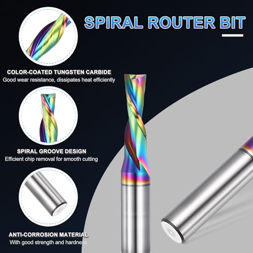 PATIKIL Spiral Router Bit 1/2" Shank 3/8" Dia 1" CL Downcut 2 Flute 1/2" Shank x 3/8" D x 1" CL