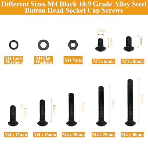 376 Pieces M4 Screws Nuts Washers Set Black, Sutemribor M4 x 6/8/12/16/20/25/30mm Button Head Socket Cap Screws Nuts Washers Assortment Kit, 10.9 Grade Alloy Steel, Fully Threaded
