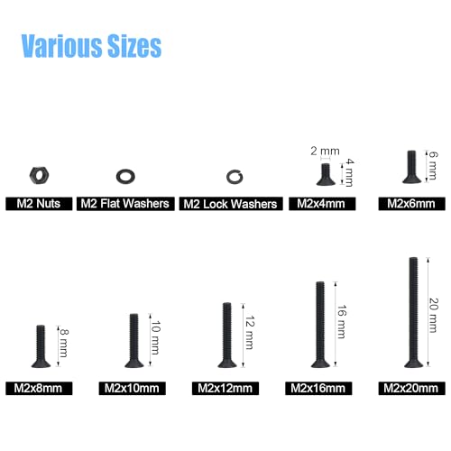 DYWISHKEY 566 Pieces M2 Black Screws, 10.9 Grade Alloy Steel M2x 4/6 /8/10 /12/16 /20mm Countersunk Head Socket Cap Screws Bolts Nuts Washers Assortment Kit