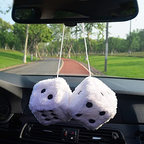 Fuzzy Plush Dice for Car Mirror, Pair of Retro 3” White Dice with Black Dots for Car Interior Hanging Ornament Decoration