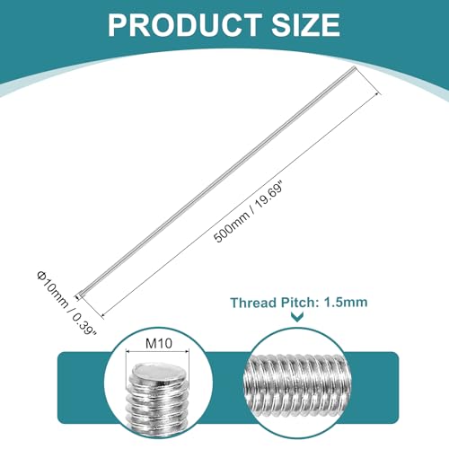 uxcell 2Pcs Fully Threaded Rod, M10-1.5 Thread Pitch 500mm Length Stainless Steel Right Hand Fully Threaded Studs with Nuts and Washers for Clamps, Hangers and U-Bolts M10 x 500mm 2