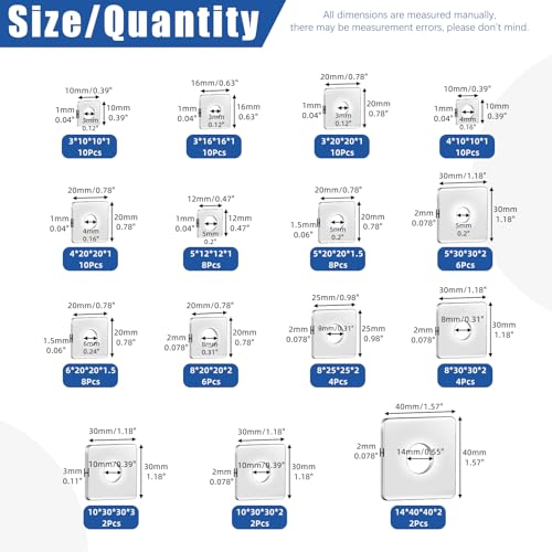 Glarks 100pcs M3 M4 M5 M6 M8 M10 M14 Square Washers Assortment Set, 15 Sizes 304 Stainless Steel Square Plate Washers with Round Hole, Rectangular Washers, Square Washers Plate for Hardware Fixing