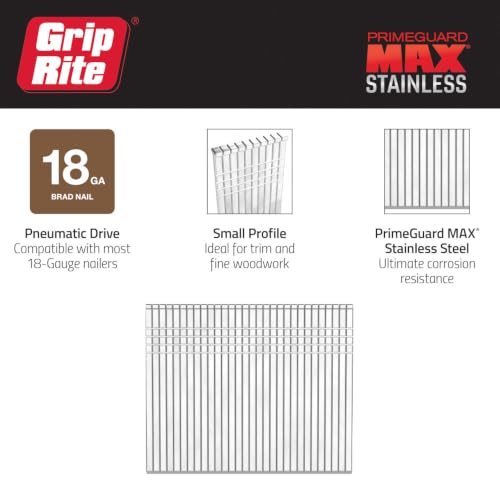Grip Rite Prime Guard MAXB64901 2-inch 316 Stainless Steel 18-gauge Brad Nail, 500 per Belt Clip
