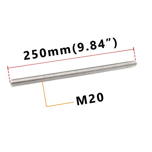 Feelers 304 Stainless Steel M20-2.5 Fully All Threaded Rod, Long Threaded Screw, Right Hand Threads, 250mm Length M20x250mm(1Pcs)