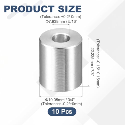 uxcell 10Pcs Aluminum Spacer 3/4" OD x 5/16" ID x 7/8" Length Screw Standoff Bushing Plain Finish Unthreaded Round Metal Spacer for Screws Bolts and Rods, Silver 7/8"