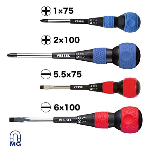 VESSEL BALL GRIP Screwdriver 4PC. Set, Red/Blue, 2204PBU