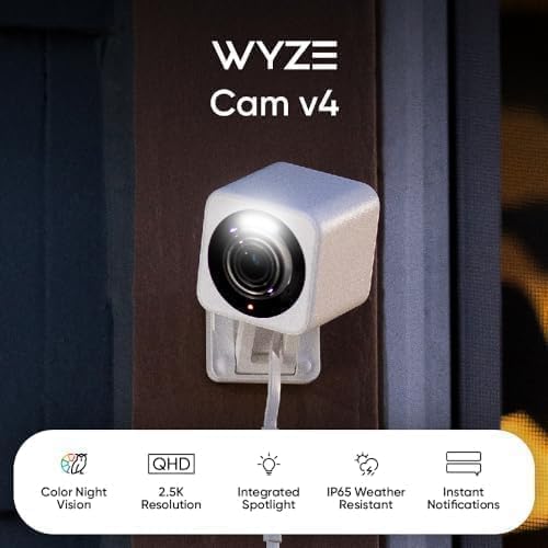 WyzeCam v4 with 20ft Extension Cable, 2.5K QHD IP65 Indoor/Outdoor Home Security Camera w Night Vision, Spotlight & Siren, 2-Way Audio, Baby/Pet Monitor, Works with Alexa & Google Assistant, White