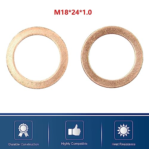 M18 Flat Washer Copper Sealing Ring, 18mm ID 24mm OD 1mm Thickness Metric Sealing Gasket, 10 Pieces