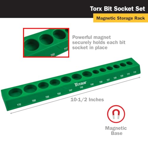 Titan 85532 13-Piece Torx Bit Socket Set, Magnetic Socket Organizer with Laser-Etched Size Markings New Torx