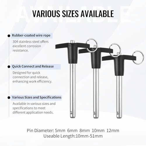 4 Pack T Handle Quick Release Pin 3/8 Inch Diameter,304 Stainless Steel Ball Locking Pin with Push Button Lanyard Usable Length 1.57"(9.5mm x 40mm) 9.5mm-40mm 4