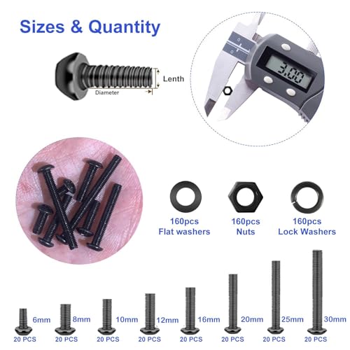 642PCS M3 Button Head Screws（6mm-30mm ） Metric Screw Assortment Kit Metric Bolt Assortment Machine Screws with Lock Flat Washers Grade 10.9 Alloy Steel Hex Socket Head M3 642 Pcs Button Head （6mm-30mm）