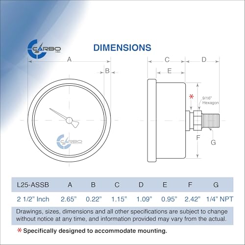 Vacuum Pressure Gauge 0 to -30 inHg, Liquid Filled, 2.5" Dial, 1/4 NPT Back Mount, 316 SS Case, 316 SS Wetted Parts, inHg/Bar - ASME B40.1 Grade A STANDARD