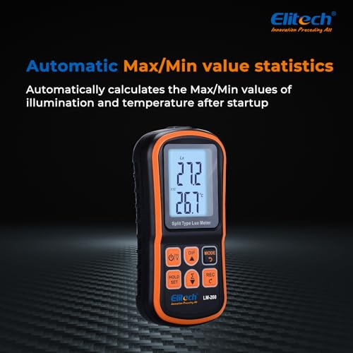 Elitech Digital Light Meter LM-200, Handheld Illuminance Meter with LCD Display, 200,000 Lux Range, Temperature Measurement