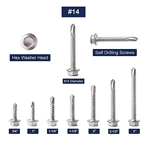 #14 x 1" Sheet Metal Screws 100PCS 410 Stainless Steel Hex Washer Head Fast Self Tapping Screws by SG TZH #14 x 1"