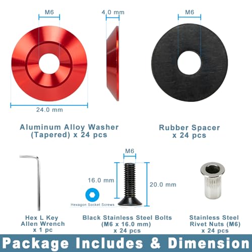 M6 Red Aluminum Washer Kit for Fender Flare, Exterior Dress Up Bolt Kit Red w Black Bolt M6