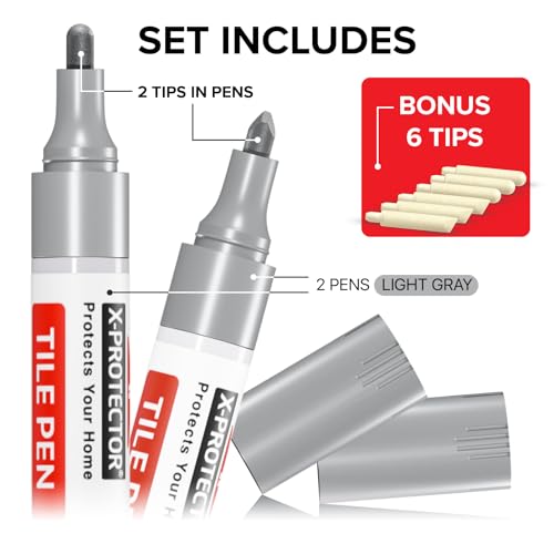 X-Protector Water Based Grout Marker - 2 PCS with 8 Tips, Light Gray Light Gray, 2 pcs (5C)