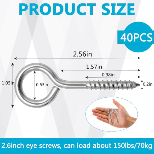 40 Pcs 2.6 Inch Heavy Duty Eye Screws Stainless Steel Eye Hooks,Metal Eye for Wood Bolts Screw in Hooks Self Tapping Eye Lag Eyebolt for, Indoor & Outdoor Use 2.6inch-40pcs