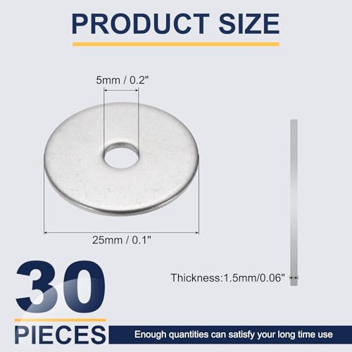 uxcell M5 Flat Washer for Screw, 30Pcs 304 Stainless Steel Washers 5MM ID x 25MM OD x 1.5MM Thick for Bolts, Factories Repair, Kitchens, Shops, and Outdoor Construction (Silver Tone) 5 x 25 x 1.5 mm/0.2 x 1 x 0.06 inches