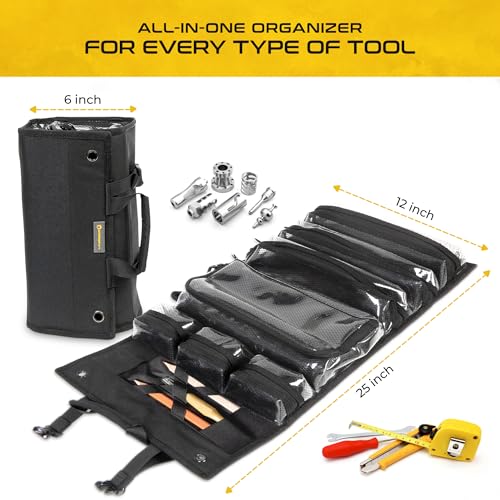 Heavy-Duty Roll Up Tool Bag Organizer w/Transparent Pockets for Quick View & Easy Access. 7 Reinforced Pockets w/Zippers, Multiple Carrying & Hanging Handles, Elastic Organizers & Adjustable Strap Black - Classic Roll Up