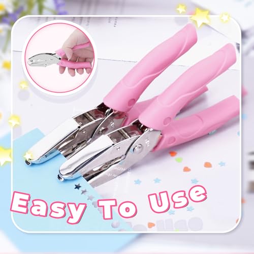 UCEC 5pc Metal Handheld Single Hole Punch, Small Hole Puncher for DIY Craft Heart+Star+Circle Pink 5