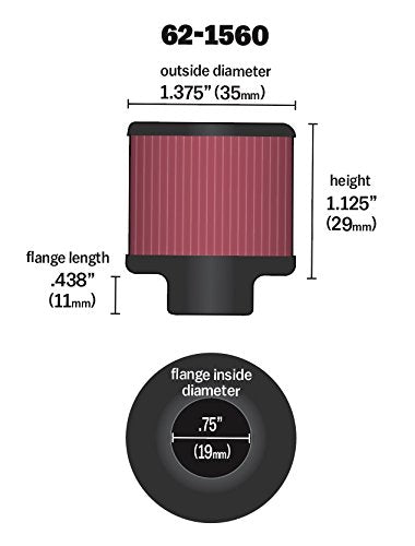K&N Vent Air Filter/Breather: High Performance, Premium, Washable, Replacement Engine Filter: Flange Diameter: 0.75 in, Filter Height: 1.125 in, Flange Length: 0.4375 in, Shape: Breather, 62-1560