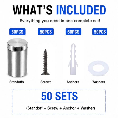 DAJAVE 50 Pack Standoff Screws 1/2x 3/4 Inch Stainless Steel Wall Standoff Mounts Sign Mounting Hardware for Hanging Acrylic Picture Frame, Glass Mounting, Office Signs, Includes Screws & Anchors