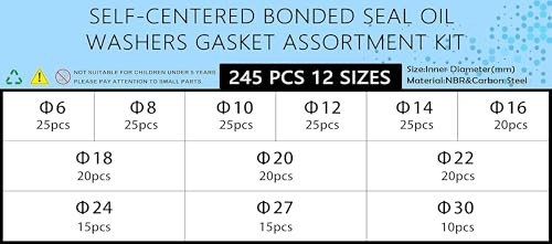 Beduan Bonded Sealing Washers, M6 to M30 12 Sizes NBR Metal Metric Rubber Pipe Seal Gasket Hydralic Oil Resist Automotive Combination O-Ring Assortment Kit (245PCS)