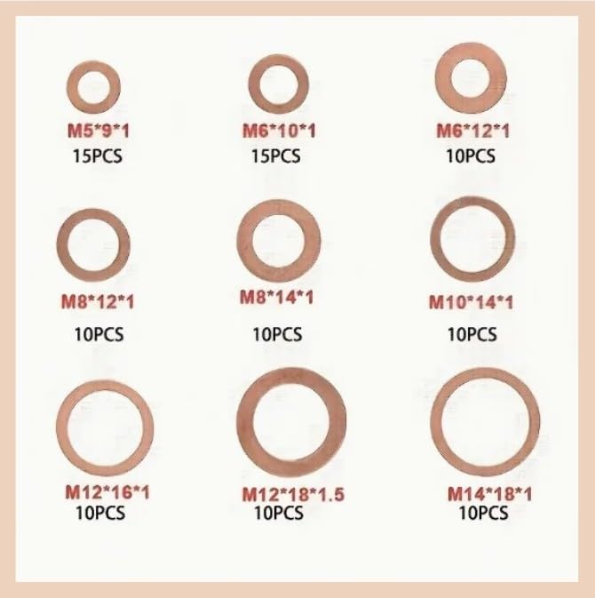 100pcs Flat Copper Washer Assortment Set 9 Sizes M5-M14 O Ring Copper Gaskets Set Flat Ring Seal Kit