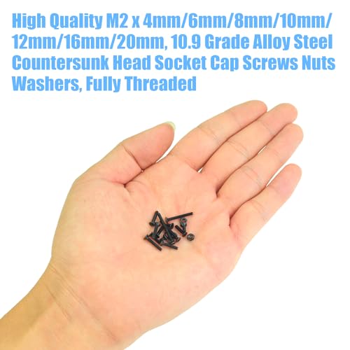 DYWISHKEY 566 Pieces M2 Black Screws, 10.9 Grade Alloy Steel M2x 4/6 /8/10 /12/16 /20mm Countersunk Head Socket Cap Screws Bolts Nuts Washers Assortment Kit