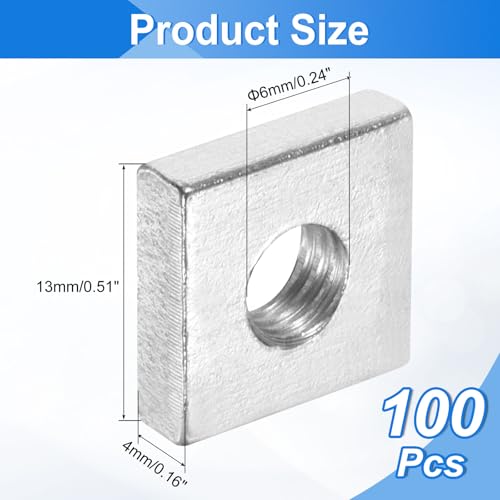 uxcell 100Pcs M6x13mmx4mm Square Nuts, Carbon Steel Zinc Plated Coarse Thread Square Nuts Fasteners for Home Repairs and Professional Engineering, Silver 100
