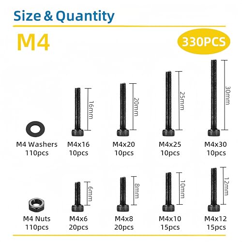 330 Pcs M4 Screws Assortment Kit, M4x6mm/8mm/10mm/12mm/16mm/20mm/25mm/30mm, Metric Hex Socket Head Cap Screws Nuts Washers Kit with Wrench, Black Zinc Plated M4 330Pcs 6mm-30mm
