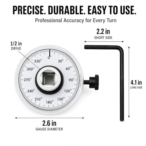 Torque Angle Gauge, 1/2" Drive Mechanical Torque Wrench Adapter with Zero Return & Dual Adjustable Arm, 360° Scale, Heavy Duty Tool for Auto, Trucks & Heavy Equipment Repair