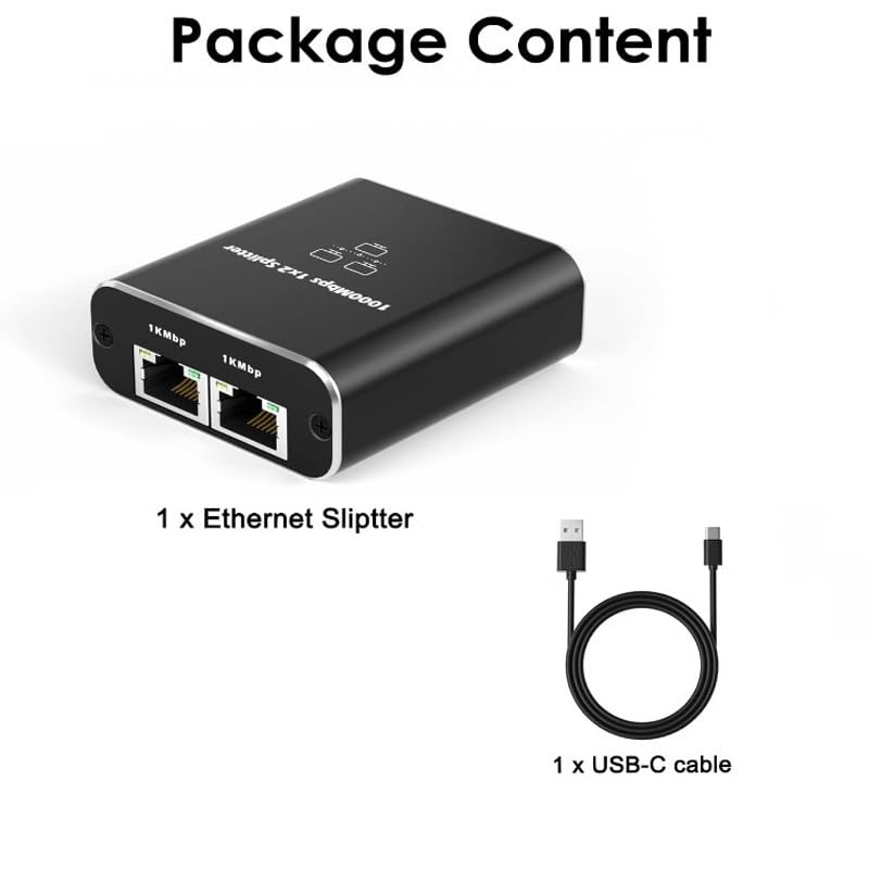 Gigabit Ethernet Splitter 1 to 2 - Network Internet Splitter Adapter with USB Power Cable, RJ45 1000Mbps High Speed for Cat 5/5e/6/7/8 Cable [2 Devices Networked Simultaneously]