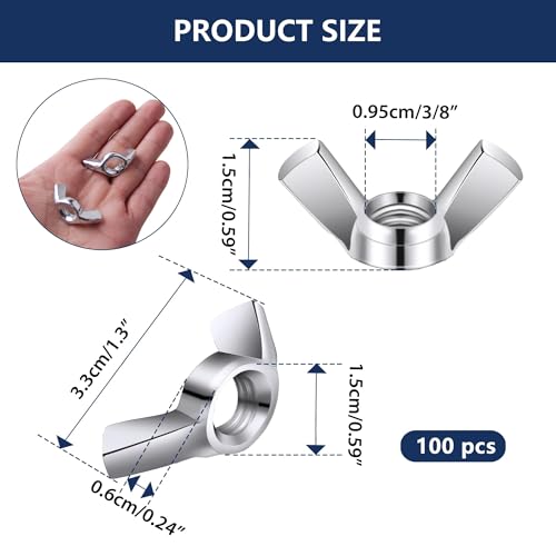 100 Pcs 3/8"-16 Wing Nuts, Carbon Steel Butterfly Nuts, Hand Twist Fasteners Hardware for Hurricane Shutters, Machinery, Furniture & DIY Projects, Silver