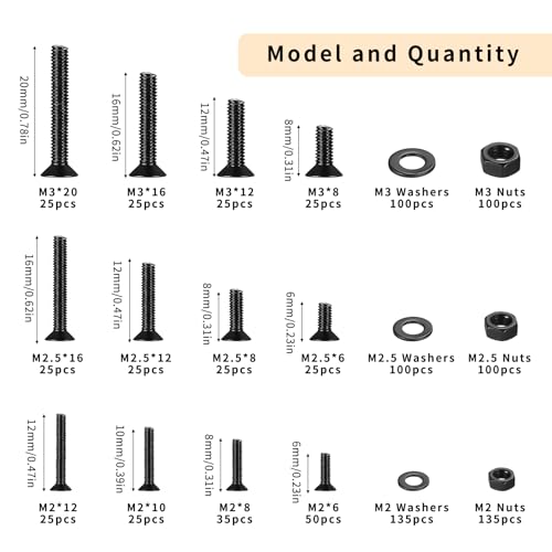 1005 Pcs M2 M2.5 M3 Metric Screw Assortment, Assorted Nuts and Bolts, Flat Head Hex Socket Cap Screws Bolts and Nuts Set, Black Hex Socket Countersunk Screws with Washers Kit M2,M2.5,M3 1005