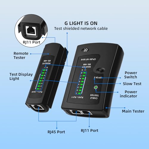 Mcbazel Ethernet Cable Tester - RJ45 RJ11 Network Tester Tool for CAT5/CAT5e/CAT6/CAT6a/CAT7, Portable LAN Wire Continuity Checker with LED Indicators, S-Mode Speed & Detachable Remote - Black