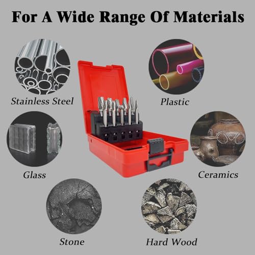 Carbide Rotary Burrs Set with 1/4''Shank 10Pcs Double Cut Solid Tungsten Carbide Rotary Files Bits for Die Grinder Metal Woodworking Drilling Engraving Polishing Grinding (Noble Red) Noble Red
