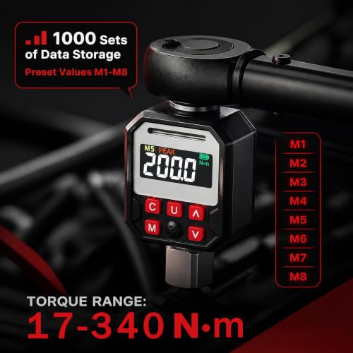1/2" Digital Torque Adapter, 12.5-250.7 Ft-Lbs (17-340Nm) ±2% Accuracy Torque Converter with 1/4" 3/8" Reducers, 1000 Readings Memory for Auto Motorcycle Repair 1/2", 250.7 Ft-lb /340 Nm