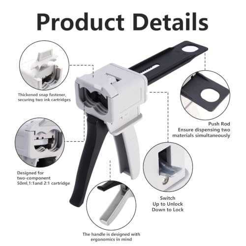 GGFOXLE 50ml Dispensing Gun, 1:1/2:1 Ratio Dispenser Glue Guns, Dual Cartridge Manual Dispenser Glue Tool, PBT Adhesive Dispensing Mixer Gun with Metal Valve, 7.5 x 2.3 x 6in