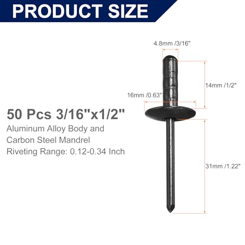 uxcell 50Pcs 3/16" x1/2" Aluminum Blind Rivets, Large Head Multi Grip Aluminum Steel Mandrel Rivets Fasteners for Metal, Furniture, Automotive, Black 3/16"x1/2" 50