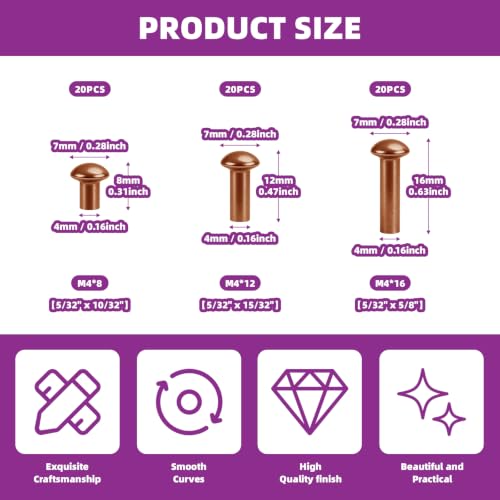 60 Pcs Half Round Head Solid Copper Rivets 3 Sizes M4 with Storage Box