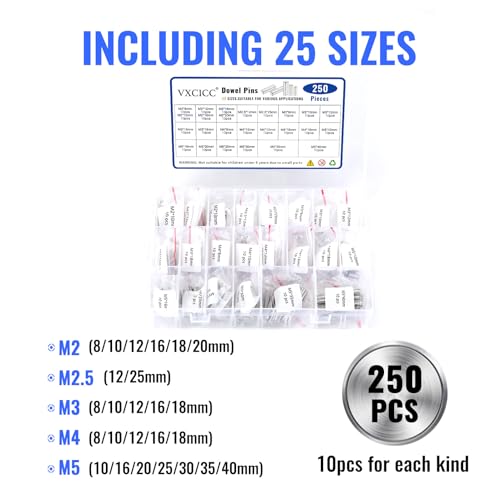250Pcs Stainless Steel Dowel Pins - Shelf Brackets, Pegs, Hardware for Bunk Bed Replacement, DIY Shelving, Cabinet Supports (M2/M2.5/M3/M4/M5) M2/M2.5/M3/M4/M5