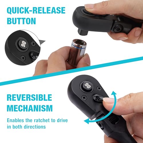 DURATECH 1/2-Inch Flex-Head Ratchet, 90-Tooth Quick-Release Ratchet Wrench 1/2"(Black)