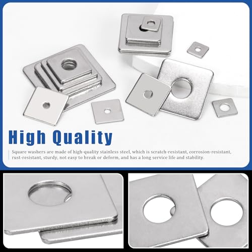 Glarks 100pcs M3 M4 M5 M6 M8 M10 M14 Square Washers Assortment Set, 15 Sizes 304 Stainless Steel Square Plate Washers with Round Hole, Rectangular Washers, Square Washers Plate for Hardware Fixing