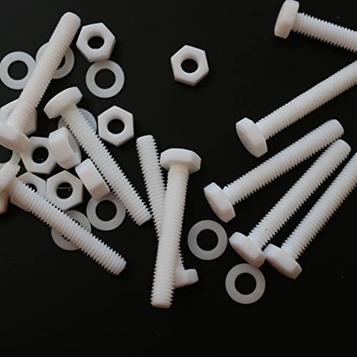 10x Natural PTFE Hex Head Plastic Screws & Bolts M6 x 40mm, Nuts & Washers