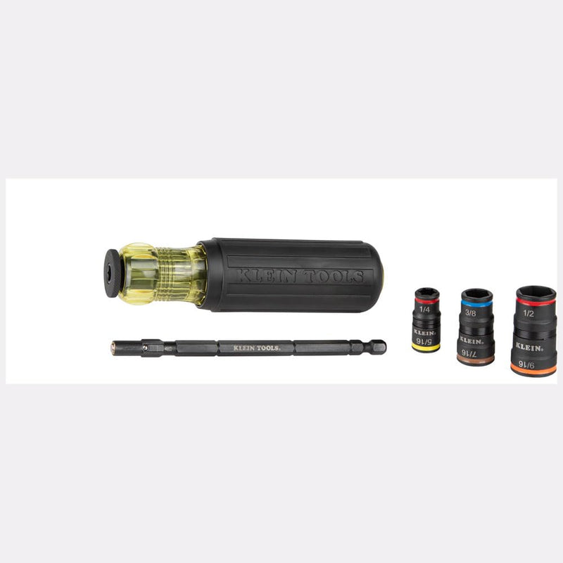 Klein Tools 32910 Impact Driver, 7-in-1 SAE Impact Socket Set with Handle, Flip Socket with 6 Hex Driver Sizes plus a 1/4-Inch Bit Holder Socket Set with 9/16