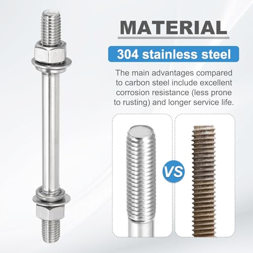 MECCANIXITY 4Set M10x85mm Double Ended Stud Screws, 304 Stainless Steel Dual Threaded Rod Bar Bolts Studs with Nut Washer for House Maintenance Structural Anchoring Fastening Screw 4